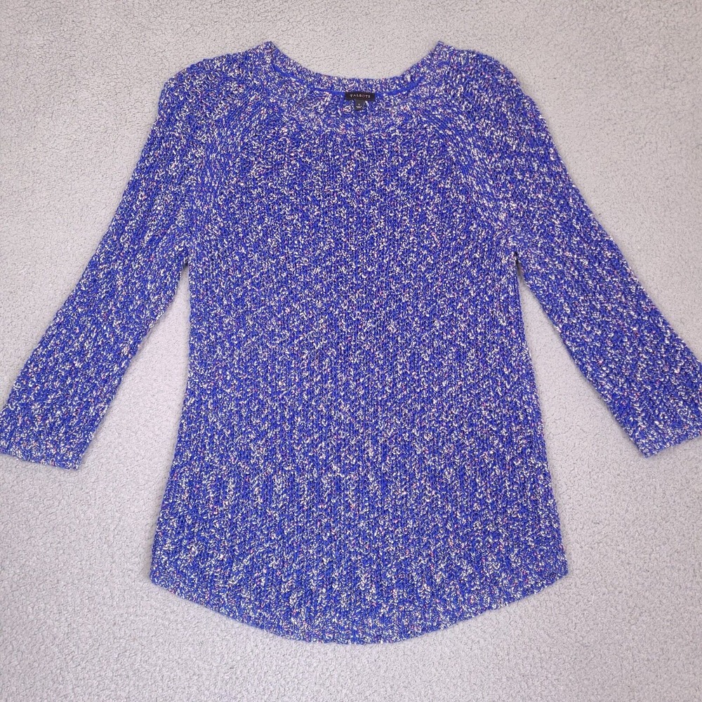 Talbots Sweater Womens Large Blue Open Knit Pullover 3/4 Sleeve